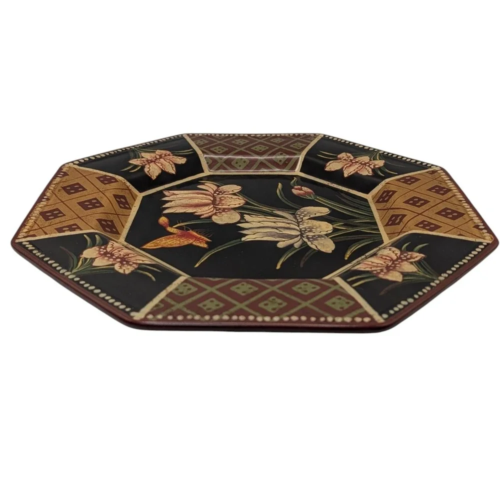 Vintage Oriental Accent Plate Octagon Decorative Butterfly Flowers Ceramic Black